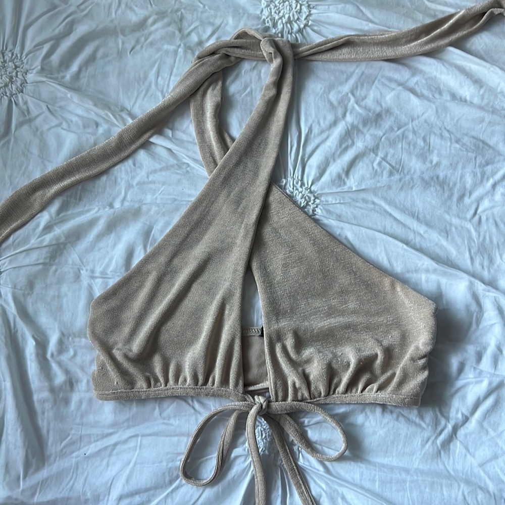 Gold Halter Neck Tie Front Crop Top